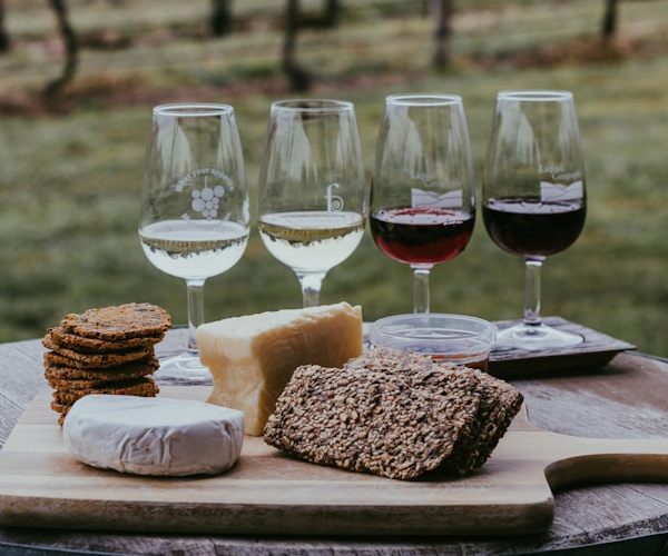 A wine flight and charcuterie at a vineyard