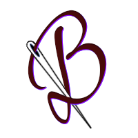 A logo with a sewing needle with a script capital letter B threaded through it.