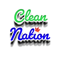 The image shows text written in cursive. The first text says clean in the colour green. The second text below it says nation in blue. There is also a red maple leaf as the dot of the letter i in nation.