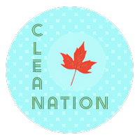 The image shows a blue circle with white dots with the text clean written vertically and the text nation wirtten horizontally joining at the letter n. There is also a red maple leaf off center of the circle.