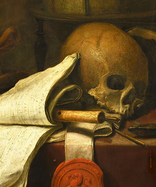Historical still life painting with a skull and scroll