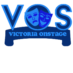Dark blue letters VOS with a light blue outline, inside the O is two theater masks, on the left the theatre mask is light blue with a dark blue expression of sadness, on the right side is a dark blue  theatre mask with light blue happy expression, Underneath VOS is a dark blue banner with light blue font that says Victoria Onsage.